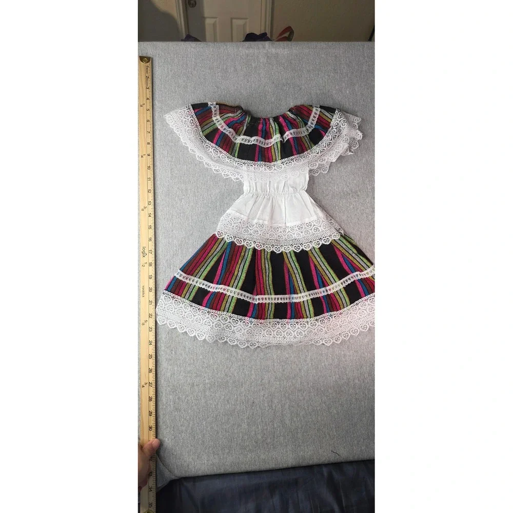 Girls Mexican Folklorico Dress Multi Color Striped Lace Trim Off Shoulder Black